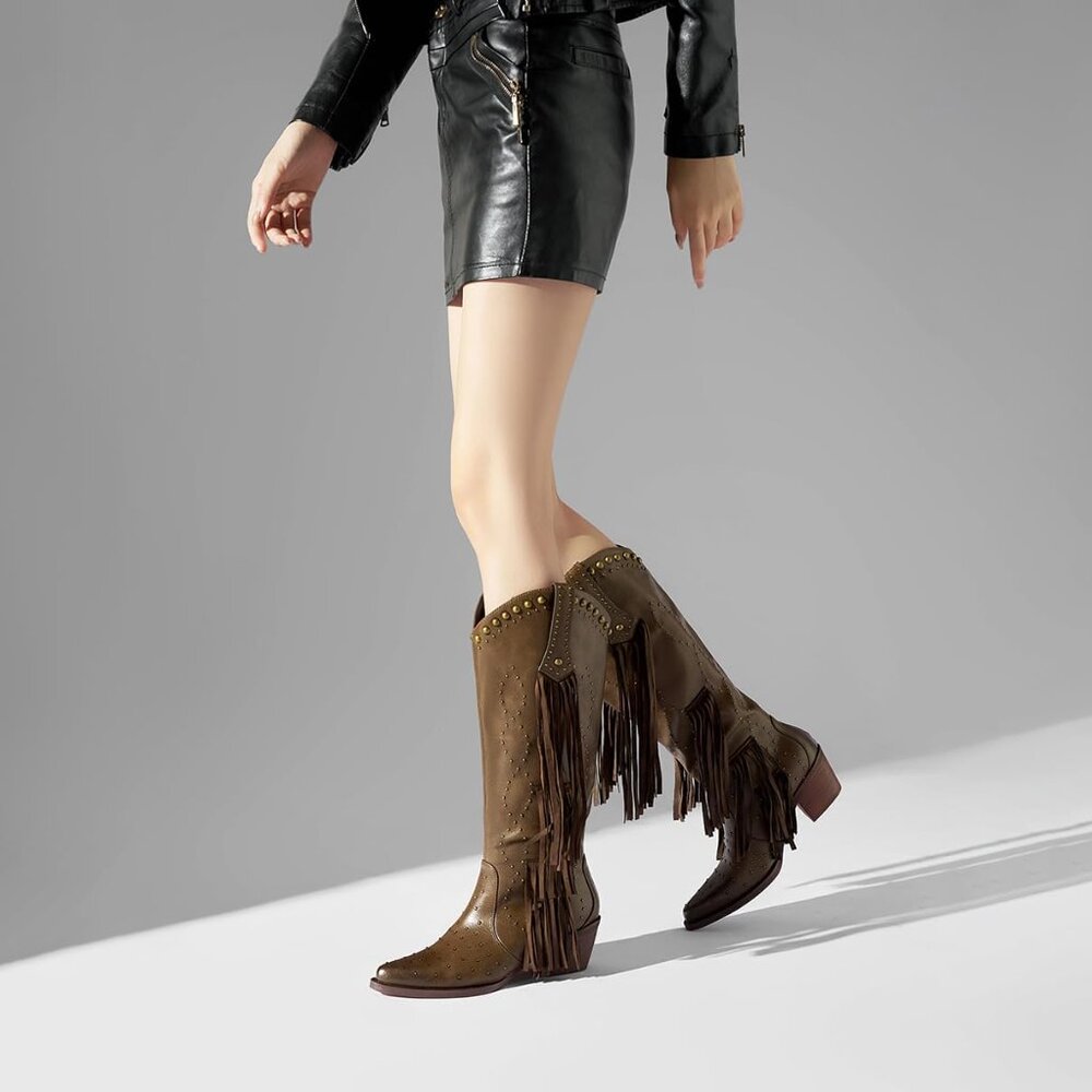 Women's Brown Fashion Pointed Toe Chunky Heel Rivet Pull-On Knee High Fringe - Picture 6 of 8